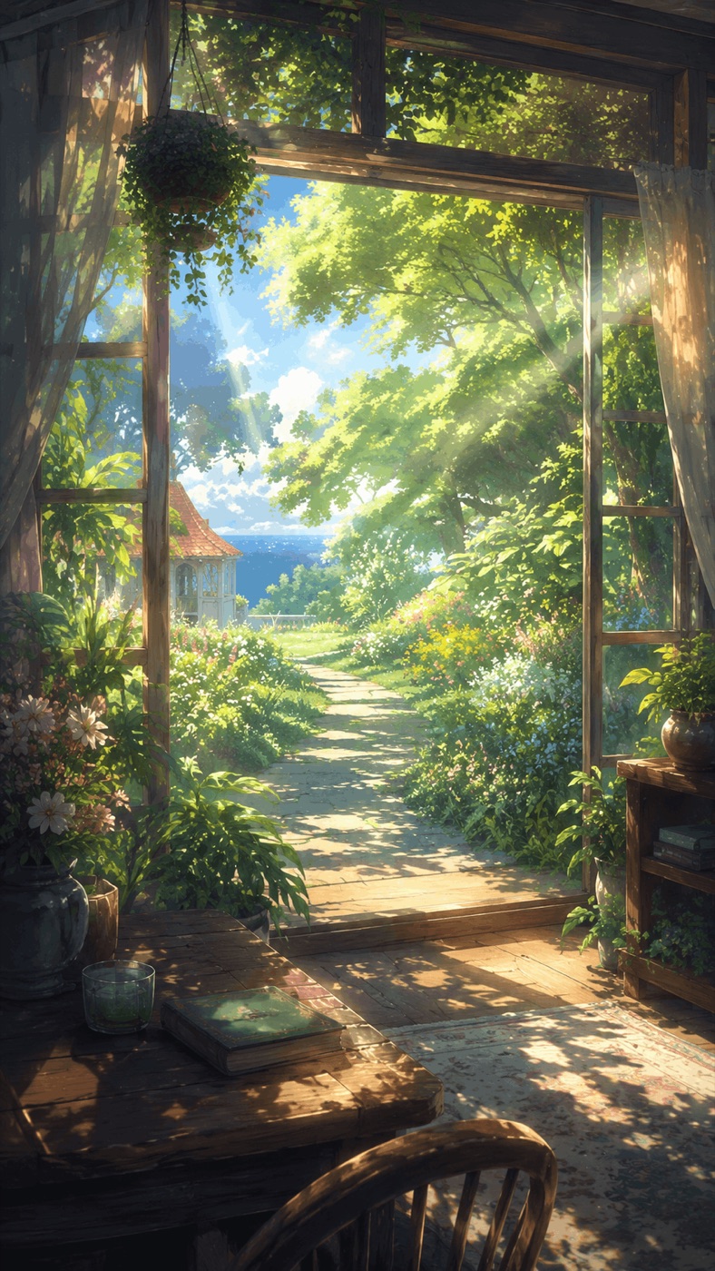A framed Dropboard artwork — a sunlit garden doorway in the Anime style